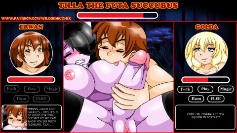 2d_animation animated black_hair breast_sucking breasts brown_hair futa_sans_balls futanari game handjob herm hermaphrodite intersex light-skinned_male light_skin male male_on_futa monster_love_hotel_2 multi_genitalia penis purple_skin pussy sex_battle sucking vanja white-skinned_futa