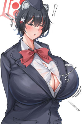1girls animal_ears big_breasts black_hair blue_archive bowtie breasts busty curvaceous curvy curvy_body curvy_female curvy_figure female huge_breasts inconvenient_breasts large_breasts minori_(user_eket5233) one_eye_closed popped_button tsubaki_(blue_archive) voluptuous