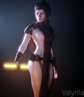 1girls 3d bastila_shan breasts brown_hair dual-bladed_lightsaber female jedi knights_of_the_old_republic knights_of_the_old_republic_(series) lightsaber nipples solo star_wars valyrriansfw
