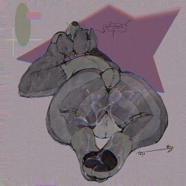 abstract_background ambiguous_gender animate_inanimate anthro ass blushing_yokai bodily_fluids canid canine canis collar cum cum_on_ass cum_on_butt cum_on_leg docked_tail domestic_dog featureless_crotch floppy_ears genital_fluids living_plushie lying mammal on_front paws plushie rear_view short_tail solo solo_focus speech_bubble stitch_(sewing) tail text tobias_weatherby