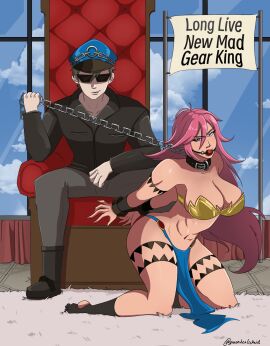 1girls arms_behind_back ball_gag bondage bound capcom chain_leash chained chains clothed_male clothed_male_nude_female cloud clouds collar curvy_female defeated defeated_villainess female femsub final_fight gag glaring glaring_at_viewer greentealickuid handcuffs hat leash leash_and_collar leashed_collar leather_collar long_hair male maledom pink_hair poison_(final_fight) sex_slave sign slave slave_bikini street_fighter sunglasses throne throne_bondage throne_room window window_view