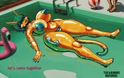 3d_background absurd_res after_transformation anthro ass avian belly big_breasts big_butt bird bouyant breasts degradation_through_transformation degraded_through_transformation eyewear felid feline female flamingo green_hair hair hi_res latex latex_body latex_transformation mammal mature_female pool_toy pool_toy_transformation post-transformation solo sunglasses swimming_pool text transformation urania_arayeva_(yaramoshi_satoshi) wide_hips yaramoshi_satoshi yellow_body