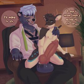 animal_genitalia animal_penis anthro anthro_on_anthro badger balls balls_fondling big_balls big_penis biped chair cigar clothing deer dialogue duo ellipsis english_text erection facial_piercing fondling furniture genitals hair harness hi_res huge_balls huge_cock imminent_anal it'll_never_fit knot larger_male male male/male mammal multicolored_body mustelid musteline nipples nose_piercing nose_ring nude penis penis_bigger_than_torso persuasion piercing ring_piercing sitting size_difference smaller_male smile sparksreactor speech_bubble spiked_penis spikes spikes_(anatomy) text thrack verbal_domination