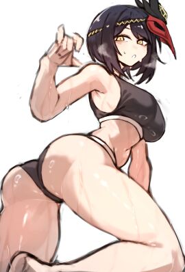 absurdres armpits bare_legs bare_shoulders black_hair black_panties black_sports_bra breasts calvin_klein female genshin_impact gold_trim highres kujou_sara large_breasts looking_at_viewer mask midriff panties shigezie single_bare_foot sports_bra sweat sweatdrop underwear yellow_eyes