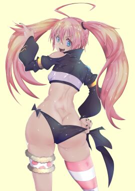 ahoge ass ass_crack blue_eyes butt_crack cowboy_shot female huge_ass kamiya_jun large_ass looking_back milim_nava pink_hair solo tensei_shitara_slime_datta_ken thick_thighs twintails yellow_background