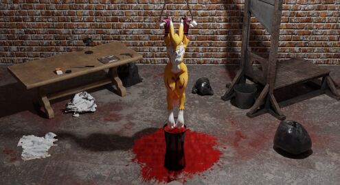 adamsandlerhater anthro ashtray bag bandai_namco basement blender_(artwork) blender_cycles bodily_fluids bucket chains cigarette clothing container death digimon digimon_(species) digital_media_(artwork) female fingerless_gloves fur genitals gloves gore guillotine gun guro handgun handwear hi_res hook knife purple_body purple_fur pussy ranged_weapon renamon revolver solo torture_device trans_(lore) trans_man_(lore) trash trash_bag vulva weapon white_body white_fur yellow_body yellow_fur