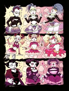 absurdres bimbofication black_hair blonde_hair breast_expansion breast_growth breast_growth_(enlargement) breasts cavitees collar comic female feminization femsub fishnets gender_transformation long_nails magic male malesub original piercing pink_eyes short_hair text transformation western