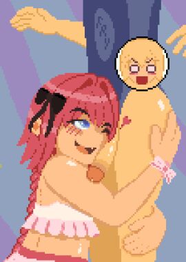 astolfo astolfo_(fate) black_ribbon blonde_hair blue_eyes blue_swimsuit blush bulge bulge_under_clothes chibi embarrassed femboy heart hugging hugging_penis oc one_piece_swimsuit penis penis_on_face pink_hair pink_ribbon pink_swimsuit precum raised_eyebrow swimsuit