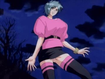 1990 1990s_(style) 1996 amano_megumi_(urotsukidouji) animated belt black_thighhighs blue_eyes bracelet female female_focus green_hair jewelry lowres miniskirt nipples retro_artstyle short_hair skirt sleeves_pushed_up solo sweater tagme thighhighs urotsukidouji zettai_ryouiki