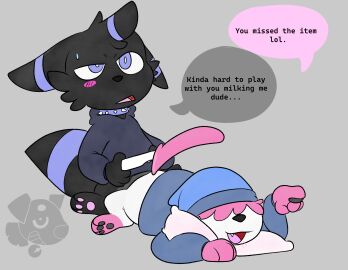 ambiguous_gender anthro beanie blush blush_lines bodily_fluids clothing cock_warming collar controller cum cuntboy dialogue duo eeveelution english_text game_controller gaming genital_fluids hat headgear headwear hi_res hoodie intersex intersex/male lying mackdrawsad male male/ambiguous nintendo nintendo_controller pawpads penis pillow playing_video_game pokemon pokemon_(species) pokémon_(species) speech_bubble spiked_collar spikes stuck_together sweater sylveon text topwear umbreon wii wii_remote