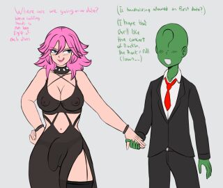 1boy 1futa 2023 alternate_costume anon big_breasts big_penis breasts bulge cleavage clothed clothing collar dialogue dress duo english_text final_fight flaccid fully_clothed futanari goseb90 hand_holding holding_hands huge_breasts humanoid humanoid_penis intersex large_breasts large_penis light-skinned_futa light_skin male penis pink_hair poison_(final_fight) short_hair spiked_collar standing street_fighter text