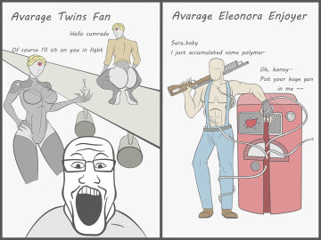 atomic_heart color colored english english_text female glasses glasses_on_head male markiplier_soyjak meme muscular muscular_male no_sex nora_(atomic_heart) oracle_dominus soyjak text the_twins_(atomic_heart) twerking weapon white_background wojak