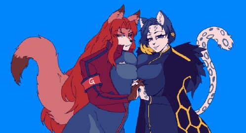 2girls alternate_breast_size animated anthro big_breasts binah black_hair breasts female fox_ears furry furry_female gebura_(lobotomy_corporation) lobotomy_corporation pixel_animation pixel_art project_moon red_hair scar_on_face tail two-tone_hair yellow_hair zolotokos