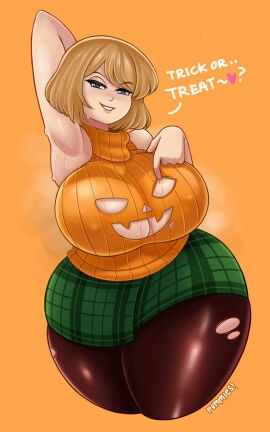 1girls arm_behind_head armpits ashley_graham big_breasts blonde_hair blue_eyes breasts capcom dialogue english_text female female_only halloween heart hi_res huge_breasts huge_thighs looking_at_viewer narrowed_eyes orange_background pantyhose pummies resident_evil resident_evil_4 skirt sleeveless_sweater smiling smiling_at_viewer solo sweater talking_to_viewer text thick_thighs voluptuous wide_hips