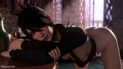 3d ass bending_over bent_over breasts dragon_age dragon_age_inquisition female horny mithrandirart morrigan_(dragon_age) naked_ass naked_breasts sexy sideboob smiling smirk solo
