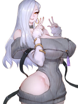 1girls breasts fate/grand_order fate_(series) female female_focus female_only fumio_(rsqkr) hebinyobo_(fate_grand_order) hip_vent large_breasts looking_at_viewer omi-san_(fate) solo sweater thick_thighs thighs wide_hips