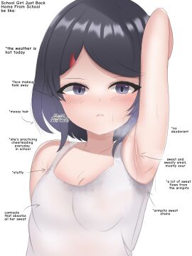 1girls arm_up armpits arms_behind_head blush camisole embarrassed female horyzeon odor original schoolgirl showing_armpits sleeveless sleeveless_shirt smelling smelly_armpits solo stained_clothes sweat sweat_stain sweatdrop sweating sweaty sweaty_armpits text underwear_sniffing