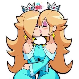 2girls ai_assisted ai_generated clone kissing mario_(series) nintendo princess princess_rosalina royalty scottfalco_(artist) self_upload selfcest super_mario_3d_world super_mario_galaxy super_mario_galaxy_(2026_film) tagme video yuri