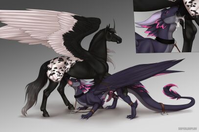 accessory alicorn alterion_(alter) animal_genitalia animal_penis balls black_body black_feathers black_hair black_penis bodily_fluids bondage bound claws closed_eyes cock_ring collar cum cum_in_mouth cum_inside cum_on_face cum_on_neck cum_on_penis deep_throat dragon duo equid equine equine_genitalia equine_penis feathered_dragon feathered_scalie feathered_wings feathers feral frey_(midnightrobin) genital_fluids genitals gradient_hair grey_body grey_eyes grey_hair grey_horn grey_underbelly hair hi_res hooves horn horse jewelry knot leaking leaking_cum leaking_precum leather male male/male mammal markings membrane_(anatomy) membranous_wings mythological_creature mythological_equine mythological_scalie mythology neck_bulge oral oral_penetration orange_eyes penetration penis penis_accessory penis_jewelry pink_body pink_feathers pink_markings pink_penis precum purple_body purple_feathers purple_penis restraints scalie simple_background smile smirk spreader_bar superlavplov tail_on_ground white_background white_body white_feathers white_hair wings wings_tied