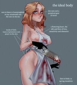 apron apron_only black_gloves blood_on_face blood_stain blue_eyes breasts breasts_out female freckles freckles_on_face ginger_hair gloves golden_hair medical_instrument meinkatzchen meme original_character pink_nipples scars selina_(meinkatzchen) text