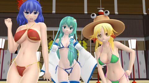 2023 3d 3girls armwear bikini blonde-haired_female blue-haired_female blue_eyes blue_string_bikini blush deity eyes female frog_hair_ornament god green_bikini hat hati_yukkuri_mmd headwear human indoors kanako_yasaka light-skinned_female light_skin long-haired_female looking_at_viewer mmd mountain_of_faith orange_bikini pink_string_bikini sanae_kochiya shrine_maiden snake_hair_ornament suwako_moriya swimsuit teal_eyes teal_hair touhou trio_focus yellow_eyes yellow_string_bikini