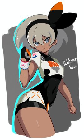 1girls bad_id bad_pixiv_id bea_(pokemon) black_bodysuit black_hairband bodysuit bodysuit_under_clothes border bow_hairband character_name closed_mouth commentary_request copyright_name dark-skinned_female dark_skin dynamax_band female female_only game_freak gloves grey_eyes grey_hair hair_between_eyes hairband hand_up highres md5_mismatch nintendo pokemon pokemon_ss print_shirt print_shorts resolution_mismatch sakuraidai shirt short_hair short_sleeves shorts side_slit side_slit_shorts single_glove solo solo_female white_border