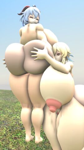 2girls 3d 3d_(artwork) admiration areolae ass ass_grab barefoot big_breasts blue_hair breasts completely_nude female female_only full_body ganyu_(genshin_impact) genshin_impact grabbing_ass huge_ass hyper_ass hyper_breasts large_breasts long_hair lumine_(genshin_impact) mxp1985 naked naked_female nipples nude nude_female pussy