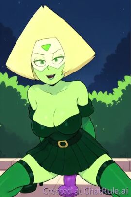 1girls ai_generated bare_shoulders belt blunt_bangs breasts bush cleavage collarbone detached_sleeves dildo dildo_riding dress female full_body huge_dildo imminent_penetration lipstick long_sleeves looking_at_viewer makeup medium_breasts night no_panties off-shoulder_dress outdoors peridot_(steven_universe) pleated_dress pussy sex_toy shoes smile solo spread_legs steven_universe strapless strapless_dress tagme thighhighs video