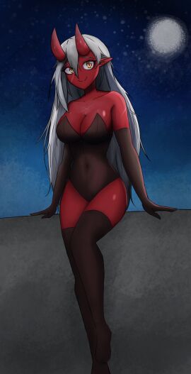 1girls akumi bare_shoulders big_breasts black_gloves black_legwear breasts cleavage covered_navel dark_skin demon demon_girl elbow_gloves female full_body gloves hair_between_eyes horns large_breasts leotard long_hair looking_at_viewer no_shoes oni oni_horns pointy_ears red_skin scars sitting skin-covered_horns smile solo strapless strapless_leotard thighhighs very_long_hair virtual_youtuber vyugen white_hair yellow_eyes