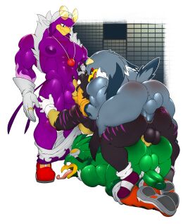 4boys anal anal_sex blowjob gay gay_sex gloves jet_the_hawk male male_only mobian_(species) muscular muscular_male oc original_character pecs rule_63 shoes sonic_(series) sonic_the_hedgehog_(series) storm_the_albatross tailverknk train_position wave_the_swallow