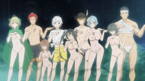 4boys 5girls animated asufi_al_andromeda bandages bell_cranel black_hair blonde_hair blue_hair breasts brown_hair dungeon_ni_deai_wo_motomeru_no_wa_machigatteiru_darou_ka elf elf_female female fundoshi god goddess golden_hair height_difference hermes_(danmachi) hestia_(danmachi) hitachi_chigusa human_female human_male kashima_ouka liliruca_arde looping_animation male multiple_boys multiple_females multiple_girls multiple_males nipples non-web_source nude_female nude_female_clothed_male nude_filter red_hair ryuu_lion swimwear third-party_edit twintails welf_crozzo white_hair
