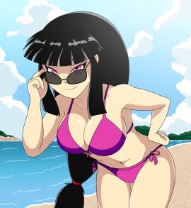 1girls beach bent_over bikini black_hair breasts female female_only fullmetalpanicattack long_hair mai-li oc original original_character ponytail solo sunglasses swimsuit
