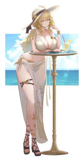 1girls absurdres aglaea_(honkai:_star_rail) bikini blonde_hair blue_sky breast_tattoo breasts cleavage female food fruit gold_bikini gold_tattoo green_eyes hat highres honkai:_star_rail honkai_(series) large_breasts lemon lemon_slice navel ocean sandals sarong short_hair sky solo stomach sun_hat swimsuit taro_(peach_taro51) tattoo toes tropical_drink twirling_hair white_bikini white_sarong