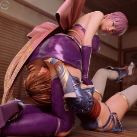2girls 3d ayane_(doa) brown_hair catfight cunnilingus dead_or_alive female fight fighting fighting_game japanese japanese_clothing japanese_female kasumi_(doa) ninja ninja_gaiden purple_hair sibling_rivalry siblings sisters tagme wafl4k yuri