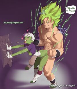 1boy :d against_wall blonde_hair breasts broly broly_(dragon_ball_super) cheelai clenched_hands colored_skin completely_nude dragon_ball dragon_ball_super dragon_ball_super_broly english_text female from_side gloves green_skin heart highres leaning_forward male nipples nude short_hair smile smollb_nsfw speech_bubble straight tongue tongue_out white_gloves white_hair