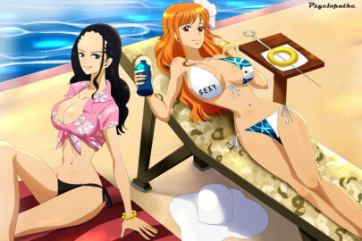 2girls beach_chair bikini black-haired_female black_bikini black_eyes black_hair black_swimsuit bracelets breasts female female_only hair_flower hat holding_bottle large_breasts long_hair looking_at_viewer lotion_bottle midriff nami_(one_piece) navel nico_robin one_piece one_piece_film_gold orange-haired_female orange_eyes orange_hair pink_shirt post-timeskip psyclopathe shirt side-tie_bikini side-tie_swimsuit sun_lotion swimsuit tied_shirt white_bikini white_swimsuit