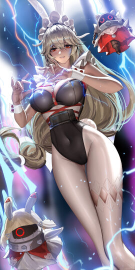 alexandrina_sebastiane anastella_(zenless_zone_zero) animal_ears bangboo_(zenless_zone_zero) black_hair black_leotard breasts cleavage commentary drusilla_(zenless_zone_zero) electricity english_commentary fake_animal_ears fake_tail female frills grey_hair hair_between_eyes heart highres large_breasts leotard liang_xing lightning long_hair looking_at_viewer low-tied_long_hair maid_headdress parted_lips rabbit_ears rabbit_tail red_eyes side_slit smile solo standing tail very_long_hair zenless_zone_zero