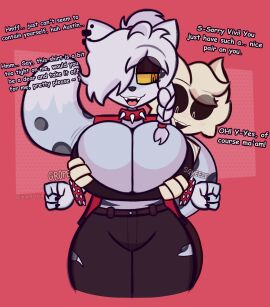 absurd_res anthro austin_(euphorica) bedroom_eyes big_breasts bottomwear breast_grab breasts cleavage clothed clothing collar cougar denim denim_bottomwear denim_clothing dialogue duo ear_piercing euphorica felid feline female femboy grabbing_from_behind grope hand_on_breast hi_res jeans male male/female mammal narrowed_eyes original pants piercing seductive spikes squeezing text thick_thighs vivi_(labyrinthia_rosenfeld)