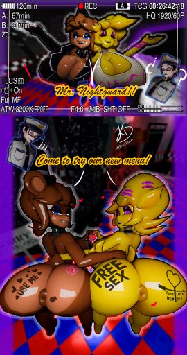 3d ass big_ass big_breasts blender blue_eyes breasts brown_fur cally3d camera chica_(cally3d) chica_(fnaf) chiku cryptiacurves dialogue fap_nights_at_frenni's female five_nights_at_freddy's fnaf freddy_(fnaf) fredina's_nightclub fredina_(cally3d) frenni_fazclaire human krackdraw pink_eyes puckered_anus restaurant security_guard straight tagme tattoo text yellow_fur