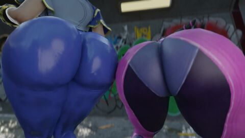 2girls 3d animated ass ass_focus ass_shake bare_shoulders black_hair bodysuit brown_hair capcom chun-li double_bun from_behind huge_ass jiggle juri_han kishi leaning leaning_forward leggings multiple_girls shiny shiny_clothes shiny_hair short_hair skin_tight street_fighter street_fighter_6 tagme tight_pants video