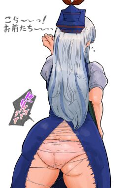 1girls ass big_ass big_butt female hat headwear keine_kamishirasawa mature_female milf panties pink_panties teacher tometo_you torn_clothes touhou white_background white_hair
