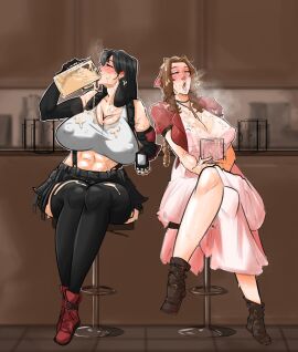 2girls aerith_gainsborough black_hair black_legwear boots breasts brown_footwear brown_hair burp burping cleavage cropped_jacket crossed_legs cum_burp cum_in_glass cum_in_mug dress drinking_cum female final_fantasy final_fantasy_vii final_fantasy_vii_remake gokkun green_eyes half-closed_eyes huge_breasts jacket miniskirt pink_dress red_footwear red_jacket steaming_body suspender suspenders tank_top tifa_lockhart tokyoplip white_tank_top