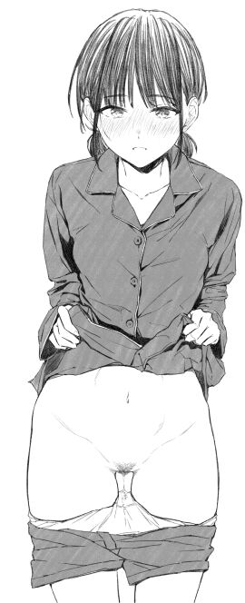 absurdres blush clothes_lift clothes_pull collarbone commentary_request cowboy_shot female female_pubic_hair greyscale groin highres lifting_own_clothes looking_at_viewer migita_(hirayuaki) monochrome navel nose_blush original pajamas panties panty_pull pubic_hair pussy pussy_juice pussy_juice_trail shirt_lift short_twintails shorts shorts_pull simple_background solo sparse_pubic_hair stomach twintails underwear white_background