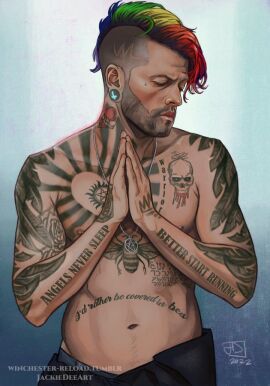 1boy actor angel artist_signature bara beard beard_stubble bee biceps cardiogram castiel castiel_(supernatural) celebrity closed_eyes earrings enochian enochian_tattoo enochian_text facial_hair feathers gay_male heart_tattoo in_character initials jackiedeeart light_skin male male_focus male_only misha_collins mohawk muscles muscular muscular_male neck_tattoo necklace nipple_piercing nipples occult_symbol pants pecs pentagram pentagram_necklace piercing pride_colors punk punk_hair rainbow rainbow_hair rainbow_pride_colors shirtless solo solo_male stubble supernatural_(series) tattoo tattoo_on_arm tattoo_on_belly tattoo_on_chest tattoo_on_neck tattooed_arm tattoos text_tattoo undercut wings_tattoo yaoi