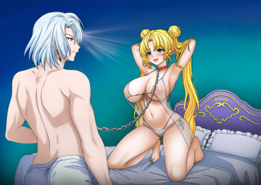 armpits arms_above_head bangs bare_legs barefoot bed bishoujo_senshi_sailor_moon blonde_hair blue_eyes blush breasts chains collar collarbone earrings empty_eyes eyebrows_visible_through_hair female femsub gradient_background hair_buns hand_on_head hypnotic_light kneeling large_breasts leash leash_and_collar male maledom navel negligee nipples open_mouth panties pants posing prince_demande pzpana sailor_moon see-through short_hair silver_hair simple_background smile straight topless underwear usagi_tsukino very_long_hair