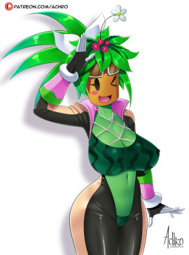 1girls achromaru anthro areolae big_breasts blaster_master blaster_master_zero blush breasts cameltoe cleavage colored_skin elemental_creature elemental_humanoid female female_focus female_only flower flowers flowers_in_hair green_body green_hair green_skin hair_flower hi_res huge_breasts huge_hips huge_thighs kanna_(blaster_master) looking_at_viewer mob_face navel nipples plant plant_girl plant_humanoid plantie potted_plant pussy simple_background smile solo standing thick_thighs video_games