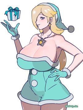 big_breasts blue_eyes breasts cleavage female gift_box gloves hand_on_hip huge_breasts mario_(series) nintendo one_eye_covered platinum_blonde_hair princess_rosalina santa_hat smiling_at_viewer subway_sum winter_clothes