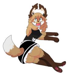 1girls anthro ass averi_(fiddleafox) brown_fur canid canine dipstick_tail female female_anthro fox fur gloves_(marking) green_eyes hair leg_markings lying lying_on_side maid mammal markings multicolored_fur pawpads paws simple_background socks_(marking) solo tail tail_markings white_fur