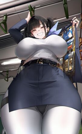 1girls absurdres arm_up artist_name belt black_belt black_hair black_panties breasts clenched_teeth commentary contraband female from_below goddess_of_victory:_nikke grin hand_grip highres holding_hand_grip huge_breasts inkspirate jacket jewelry long_sleeves looking_at_viewer multiple_rings open_clothes open_jacket opened_by_self panties pantyhose pencil_skirt ring skirt smile solo sora_(nikke) teeth thighs twintails twitter_username twitter_x_logo underwear vehicle_interior white_pantyhose wide_hips