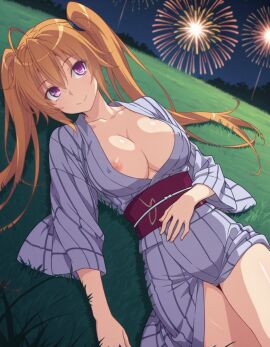 ai_generated cleavage fireworks high_school_dxd kimono night nipples outdoors shidou_irina smile